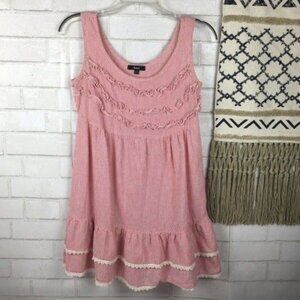 Striped Pink Cotton Sleeveless Dress With Lace Trim & Tiered Ruffle Hem By Amor